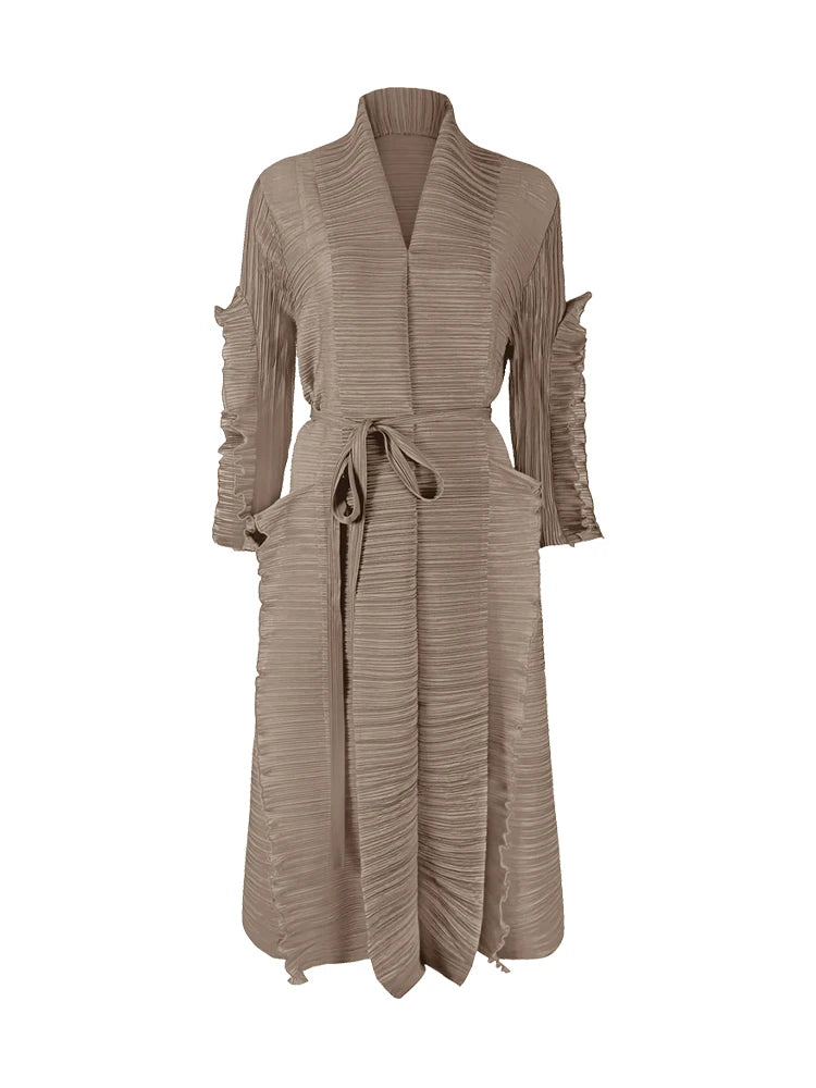 Miyake Pleated Petal Sleeve Dress Lapel Cardigan Sashes High Fashion Loose Long Dresses Fall 2022 Winter Women Designer Clothes