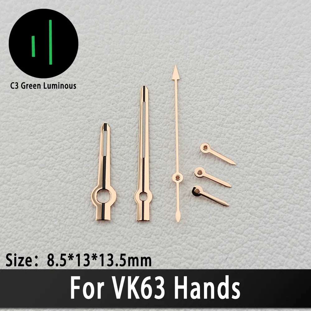 Agujas VK63 de alta calidad, manecillas de carreras para reloj VK63, manecillas de reloj con luminiscencia verde C3, piezas de relojes para hombre con movimiento de cuarzo VK63