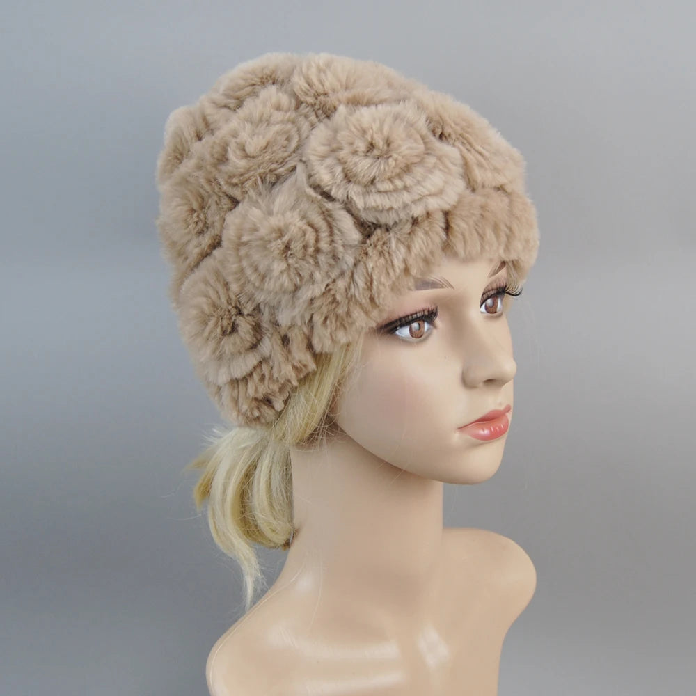 Women Knit Real Rex Rabbit Fur Hat Scarf Sets Natural Warm Rex Rabbit Fur Scarves Hat Winter Lady Real Rex Rabbit Fur Hat Scarf