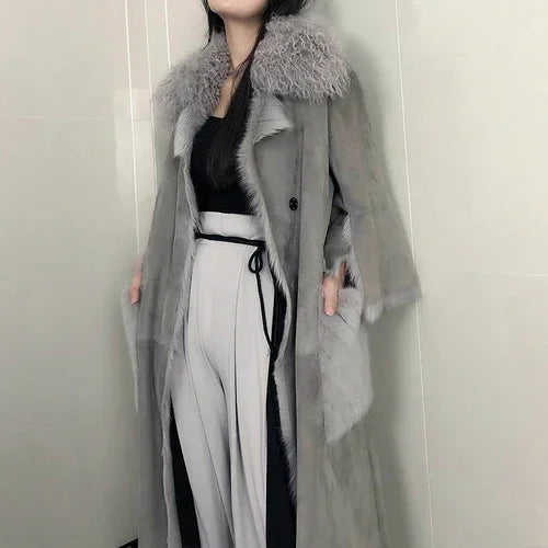 Elegancki damski płaszcz z prawdziwej owczej skóry w stylu vintage, kurtka z kieszeniami z futra norek, odzież damska, płaszcze zimowe, Roupas Femeninas Zjt912