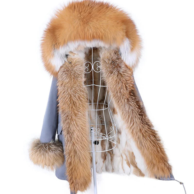 MAOMAOKONG 2026 Removable Real Fox Fur Collar Coats Woman Winter Jacket Hooded Rabbit Fur Lining Long Parkas Female Clothes