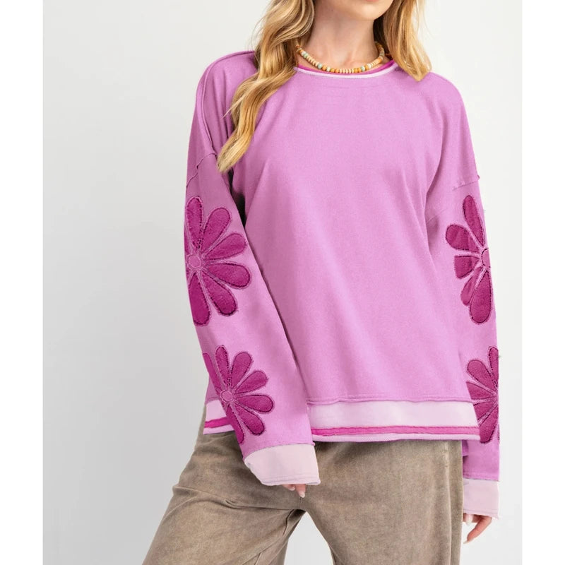 Combhasaki Women Cute Floral Embroidery Sweatshirt Teen Girls Y2K Colorful Layered Hem Oversized Loose Fit Preppy Pullover Tops