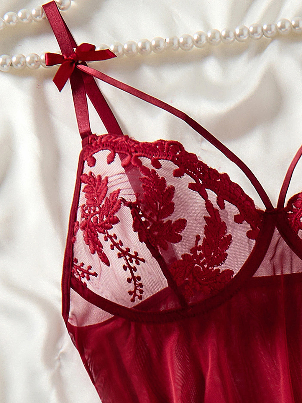 Wine Red Ladies' Countryside Style Wheat Ear Embroidery Semi Transparent Nightgown, Elegant and Comfortable, Bow Design ZA825066
