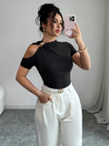 Women's Off-Shoulder Short Sleeve Knit T-Shirt with Slight Stretch