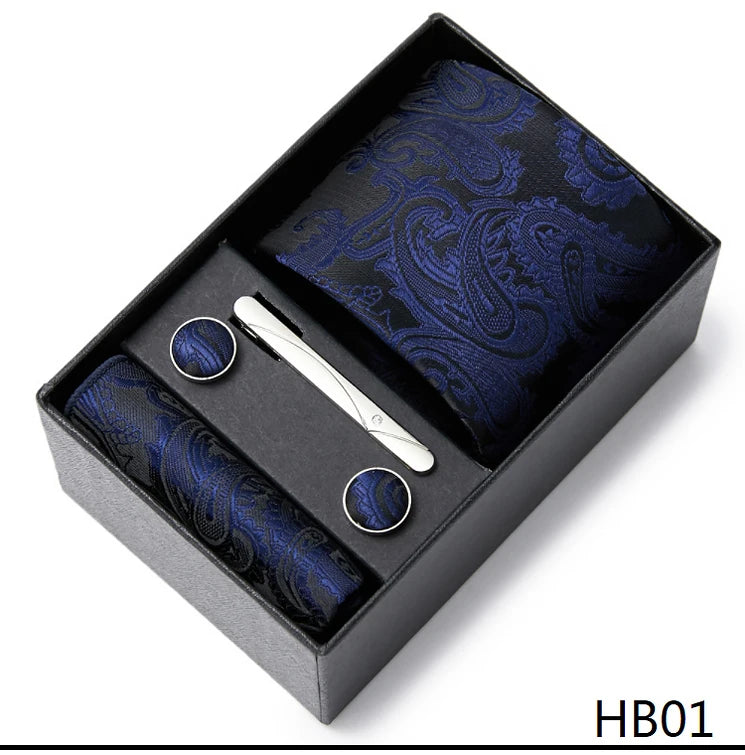 2023 Fashion 7.5 CM Width Tie Sets Black Men's Tie Hankerchiefs Cufflinks Clip Box Wedding Gift Handmade Necktie Work Clothing