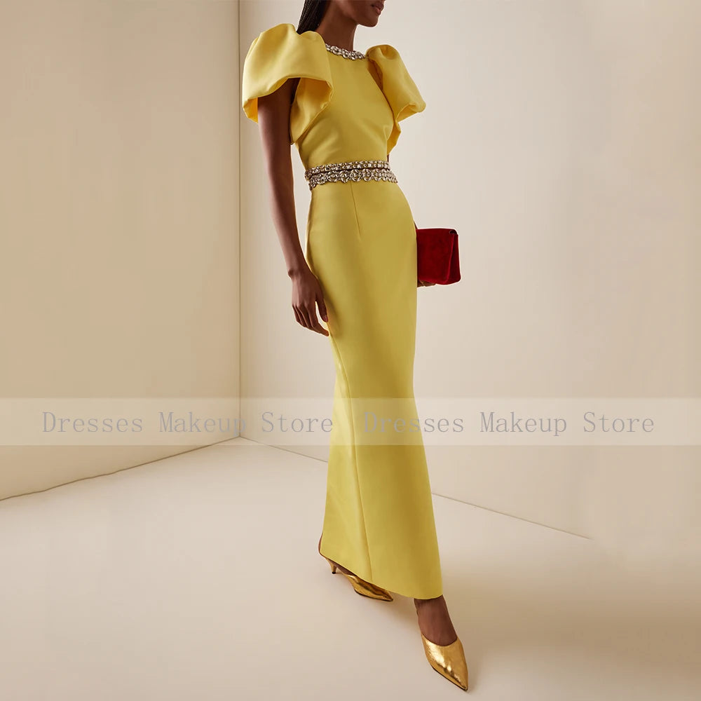 Customized Modern Cocktail Dress Maxi 2 Pieces Crystal O Neck Yellow Prom Gowns for Women Puff Sleeves Column Formal Party Dress