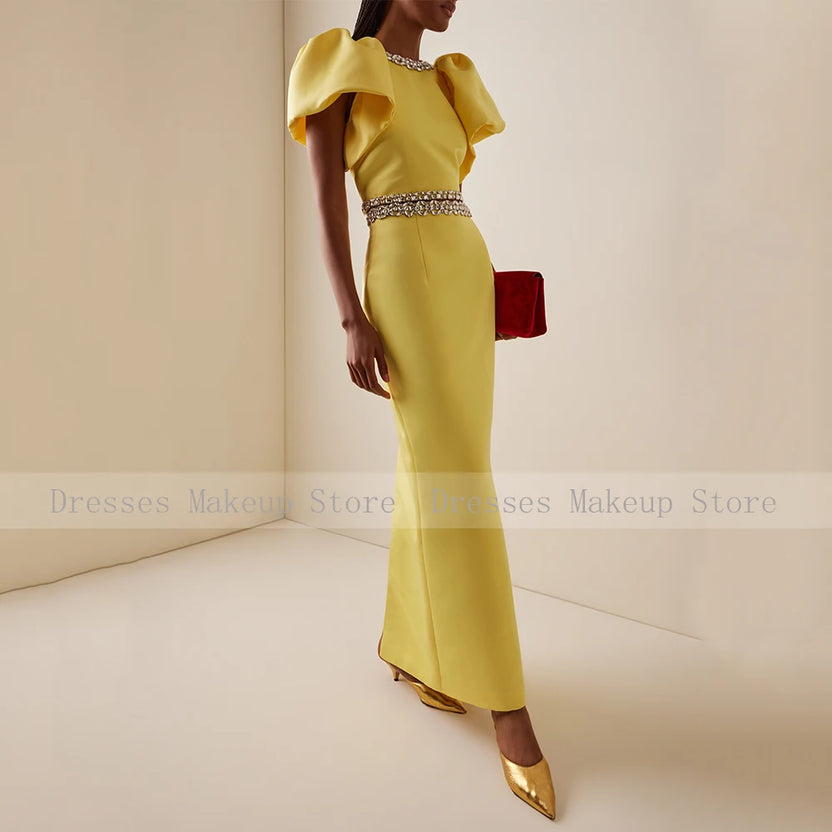 Customized Modern Cocktail Dress Maxi 2 Pieces Crystal O Neck Yellow Prom Gowns for Women Puff Sleeves Column Formal Party Dress