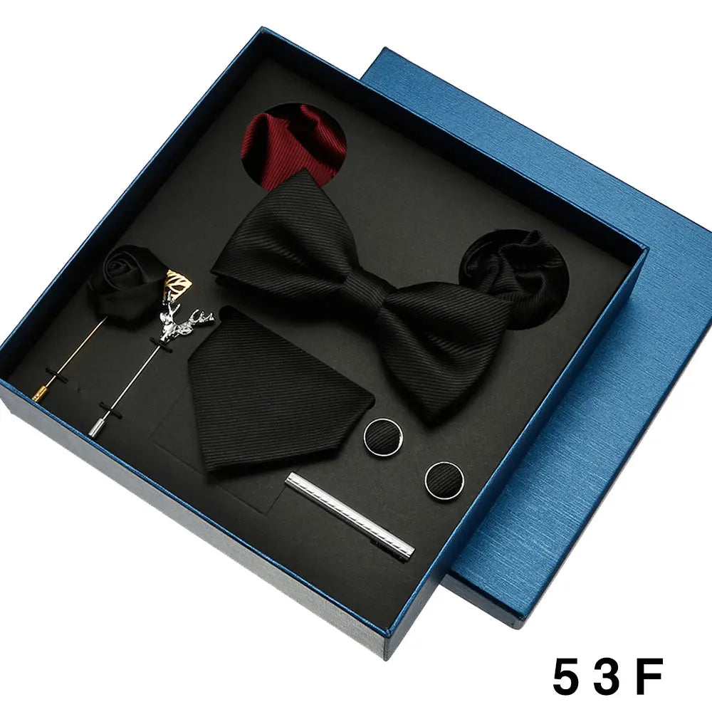 Men Tie Silk Necktie Man Bowtie Hanky Brooches Cufflinks and Tie Clip for Men Accessories Red Burgundy Wedding Tie Gifts Set