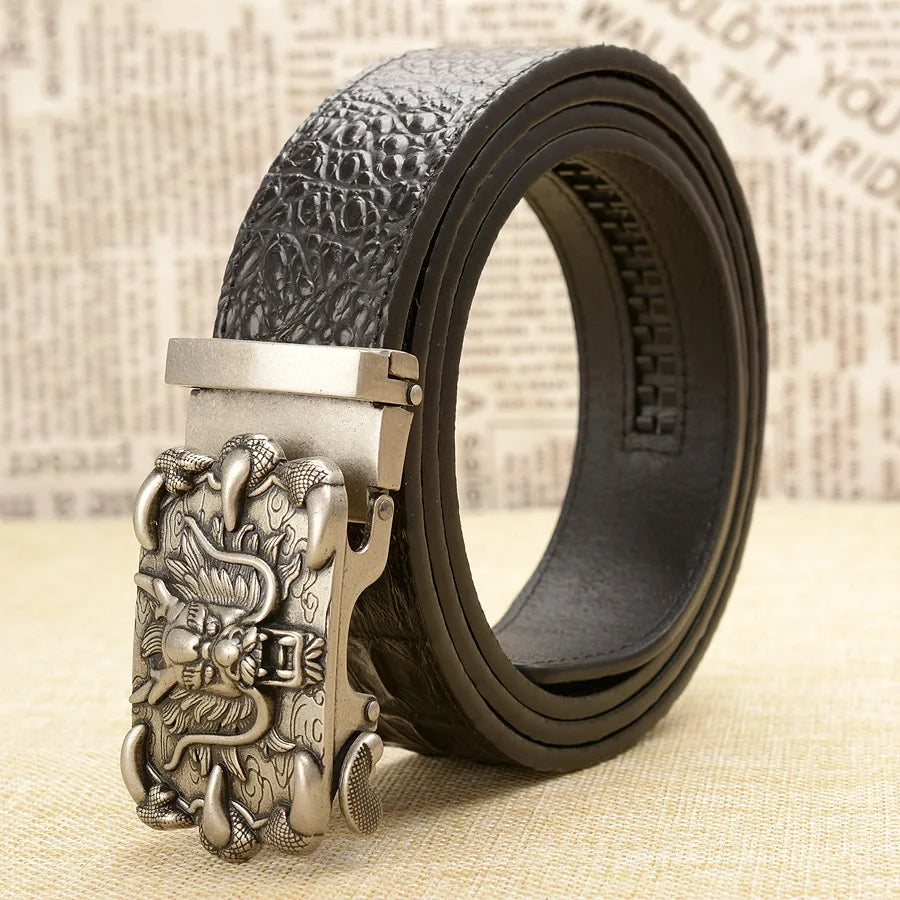 Cinturón de piel auténtica para hombre, accesorio de moda, correa para pantalón de vestir, hebilla automática con diseño de dragón, piel de vacuno.