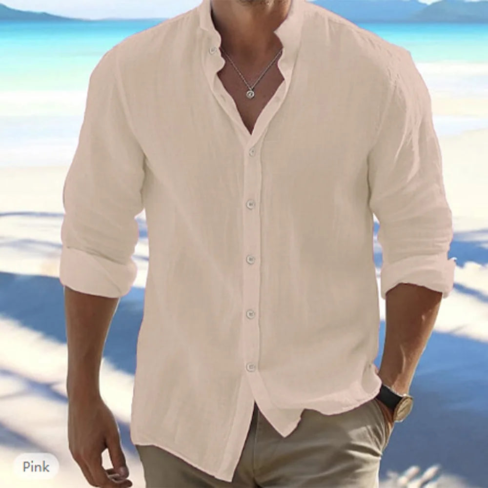 Bomullslinne Rea Herrskjortor med lång ärm Sommar Enfärgad ståkrage Ledig strandstil Plus size