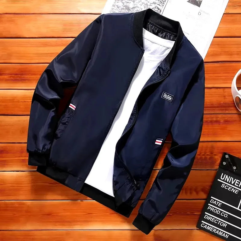 Chaqueta cortavientos para hombre con cuello tipo béisbol, cierre de cremallera y manga larga, estilo casual y moderno de ajuste regular para otoño e invierno