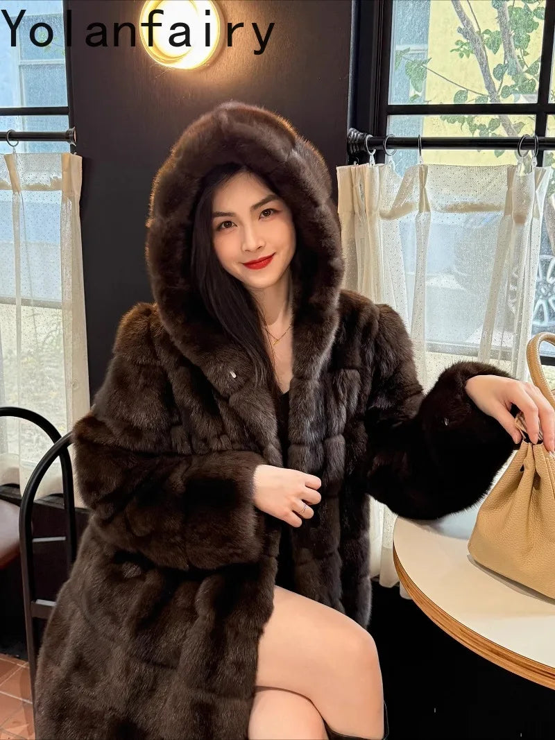 YOLANFAIRY High-End 100% Natural Sable Fur Coat Woman Luxury Winter With Hood Whole Sable Real Fur Jacket Women Long Fur Coats