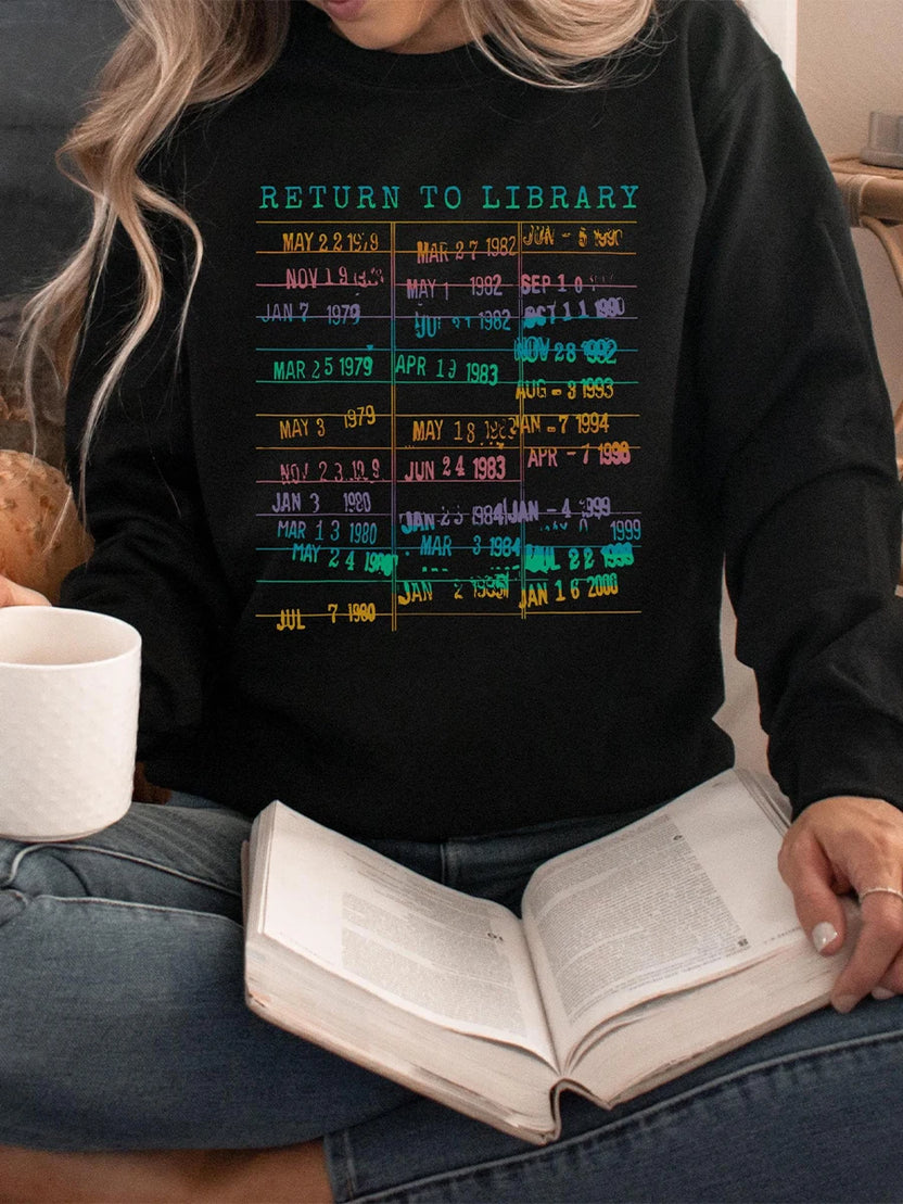 Vintage Library Rainbow Sweatshirt Return to Library Card Book Due Date Shirt Reader Gift for Librarian Trendy Apparel Top