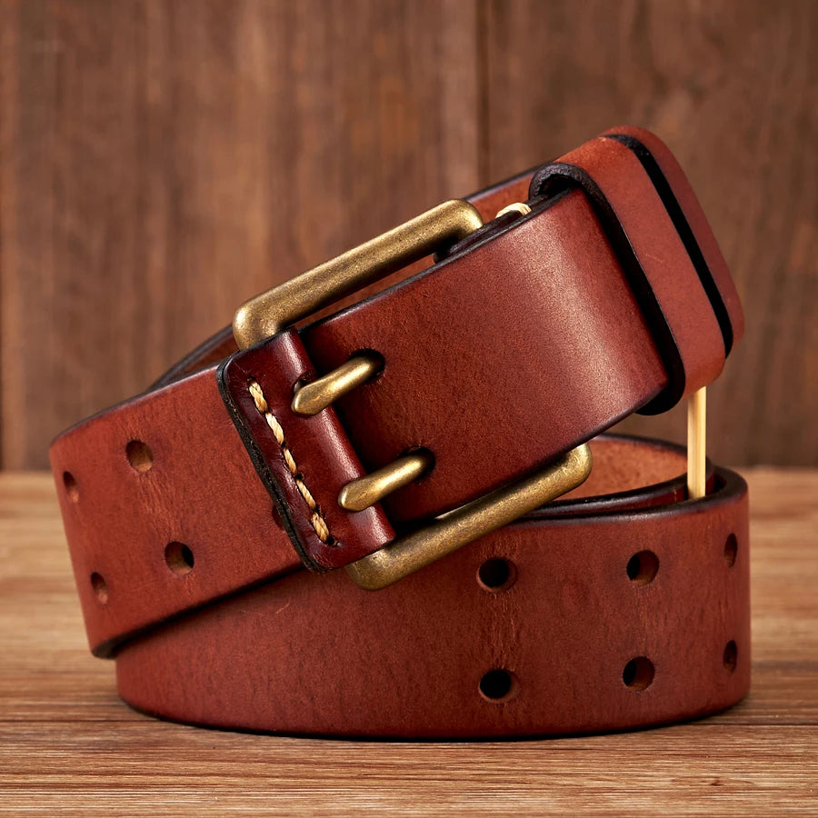 Cinturón vintage para hombre de 3.8 cm de ancho, hecho de piel de vaca genuina, con hebilla de doble aguja de cobre, cinturón artesanal para jeans, correa de moda para hombre