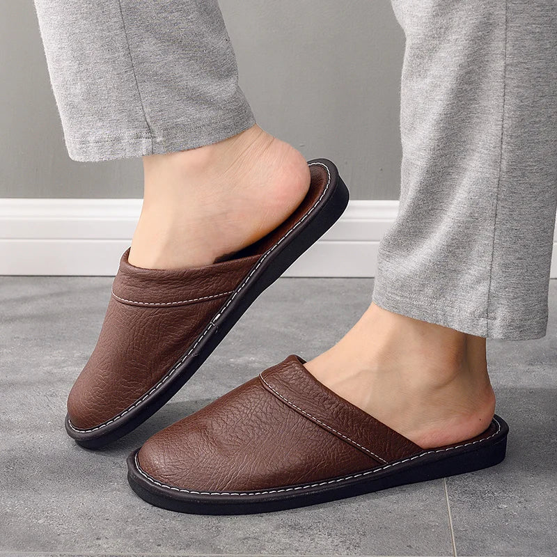 Vattentäta tofflor i konstläder för män, vintertofflor med päls för inomhusbruk, herrtofflor, tofflor för sovrummet, plus size 47 48
