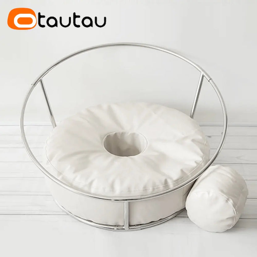 OTAUTAU Funda de puf redonda de piel sintética suave, accesorios de fotografía para recién nacidos, accesorios para otomana, silla portátil DD018