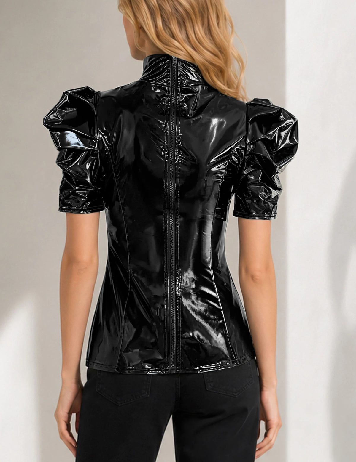 Women's Sexy Shiny High Glossy Faux Leather Puff Sleeve Top Ladies Faux Latex High Neck Bodycon Fashion Top Clothing