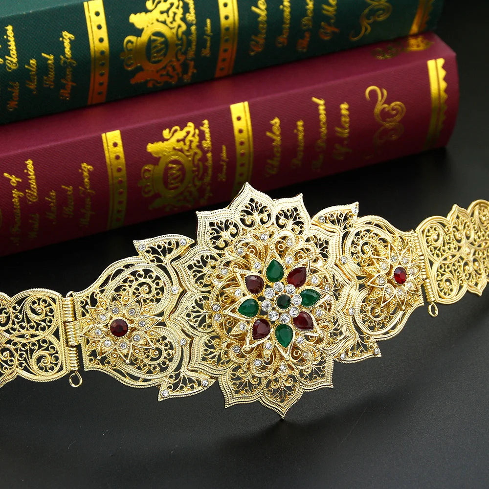 Sunspicems Gold Color Moroccan Caftan Belt for Women Dress Waist Chain Belt Arabic Bride Wedding Jewelry Robe Sash Body Chain