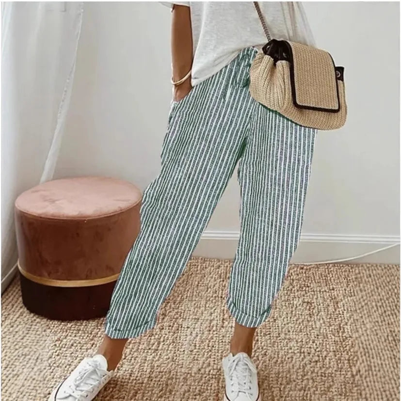 Pantalones casuales de verano para mujer, estilo europeo y americano, de moda, holgados, con estampado de rayas, cintura elástica y cordón