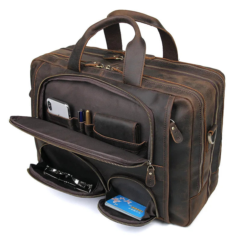 17.3 Inch Laptop Briefcase Genuien Leather Laptop Bag Business Travel Tote Bags Handbags for Men Male Large Brief Case Bag Retro