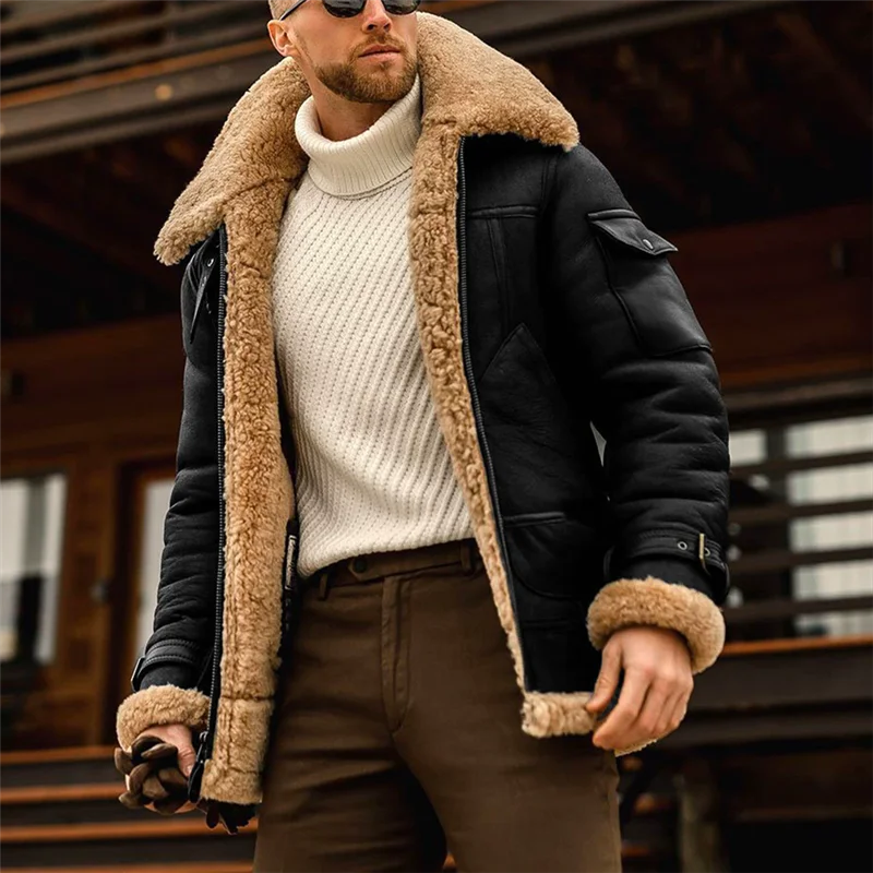 Winter Faux Leather Jackets Men Fleece Turn Down Collar Motorcycle Coat Solid Male Warm Thick Windproof Zipper Casual Outwear