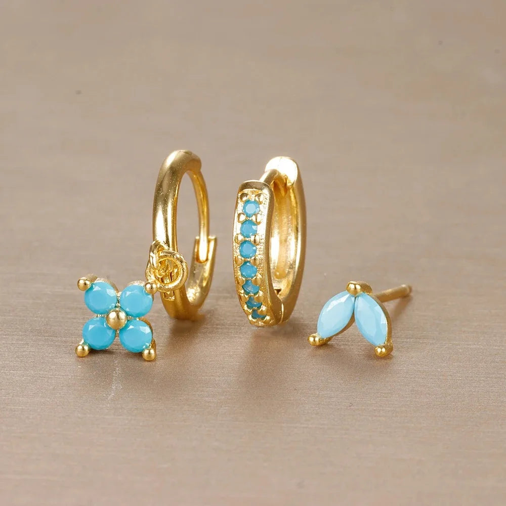 Pendientes de acero inoxidable con forma de flor y circonitas para mujer - Set de 3 piezas