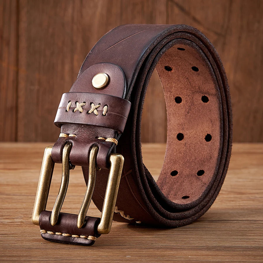 Cinturón táctico militar de cuero genuino original de 3.8 cm con hebilla de doble aguja, cinturón para hombre, estilo desgastado envejecido, cinturón para vaqueros estilo masculino