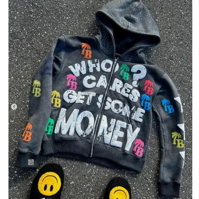 Luźna, wygodna bluza z kapturem w stylu retro Y2K, zapinana na zamek, z modnym wzorem liter, unisex