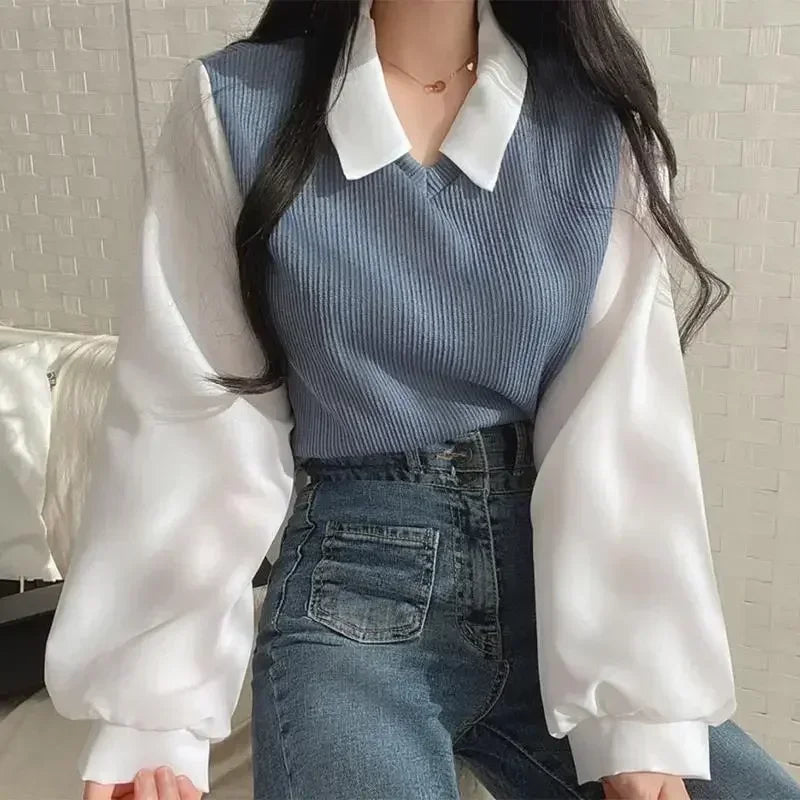 Korean Shirt Y2k Tops False Two-Piece Polo Collar Women's Blouse Spring Casual Streetwear Loose Female Pullovers Elegant Blouses