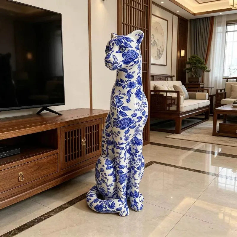 Blue and White Porcelain Leopard Resin Sculpture for Home Decor