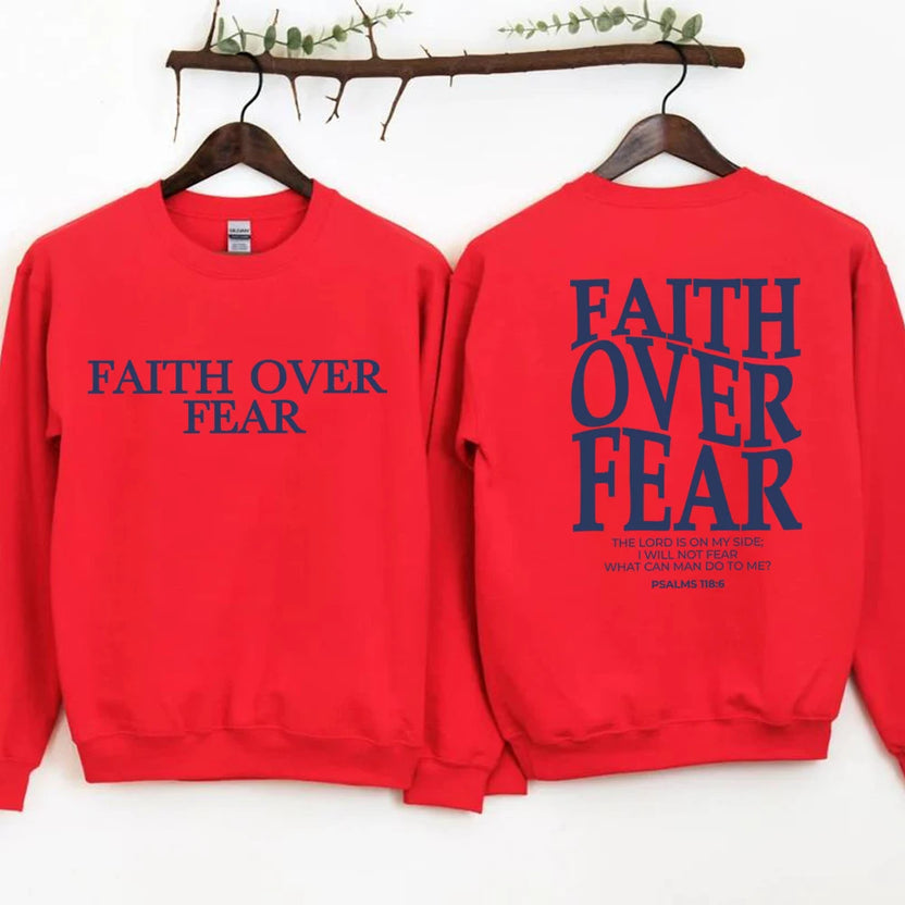 Bluza z napisem Faith Over Fear chrześcijańska bluza z kapturem modny sweter cytat z Biblii religijna bluza bez kaptura topy z motywem Jezusa i wiary