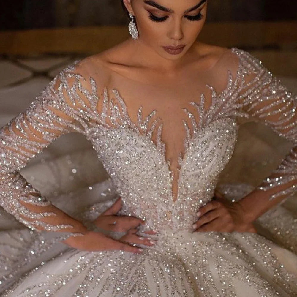 Customized Long Sleeve Shiny Ball Gown Wedding Dresses Sequined Princess Bride Gown Vestido De Novia Boda Amanda Novias Oficial