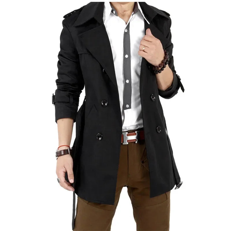 Chaqueta cortavientos para hombre estilo vintage, negro caqui, primavera otoño, gabardina de negocios, abrigo largo clásico retro de doble botonadura, grueso