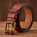 3.8cm Wide Vintage Men's Belt Cowhide Genuine Leather Belt Copper Double Needle Buckle Handmade Jeans Belt Fashion Male Strap