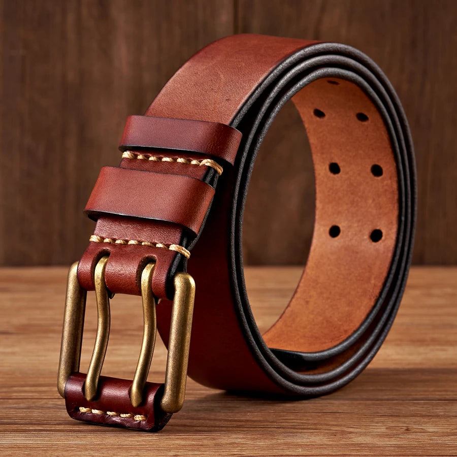 Cinturón vintage para hombre de 3.8 cm de ancho, hecho de piel de vaca genuina, con hebilla de doble aguja de cobre, cinturón artesanal para jeans, correa de moda para hombre