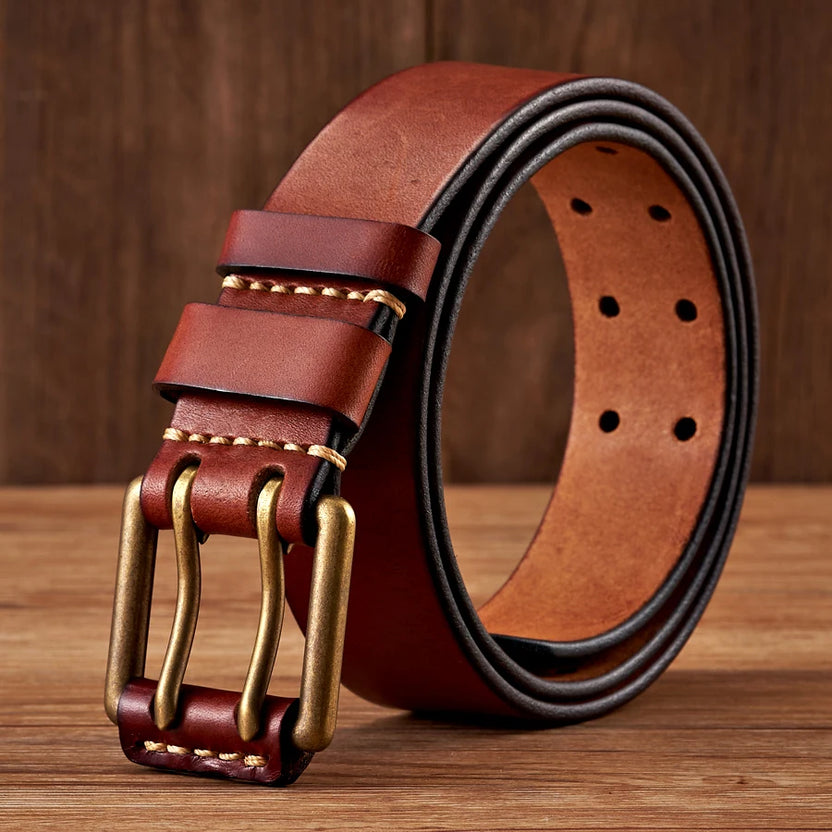 3.8cm Wide Vintage Men's Belt Cowhide Genuine Leather Belt Copper Double Needle Buckle Handmade Jeans Belt Fashion Male Strap