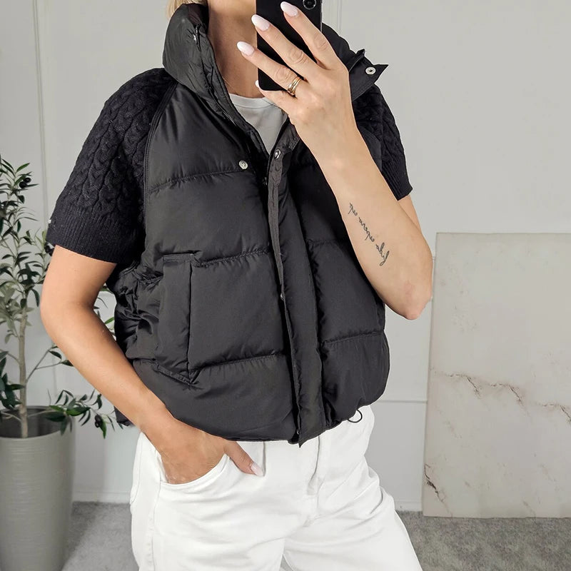 Women's Knitted Splicing Padded Sleeveless Vest with Stand Collar