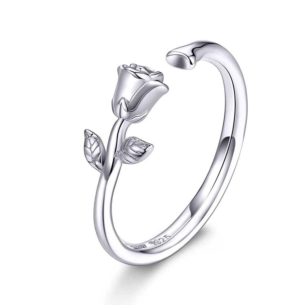 BAMOER 925 Sterling Silver 3D Thorns and Rose Adjustable Finger Rings for Women Plated Black Gold Flower Ring 2 Colors BSR065