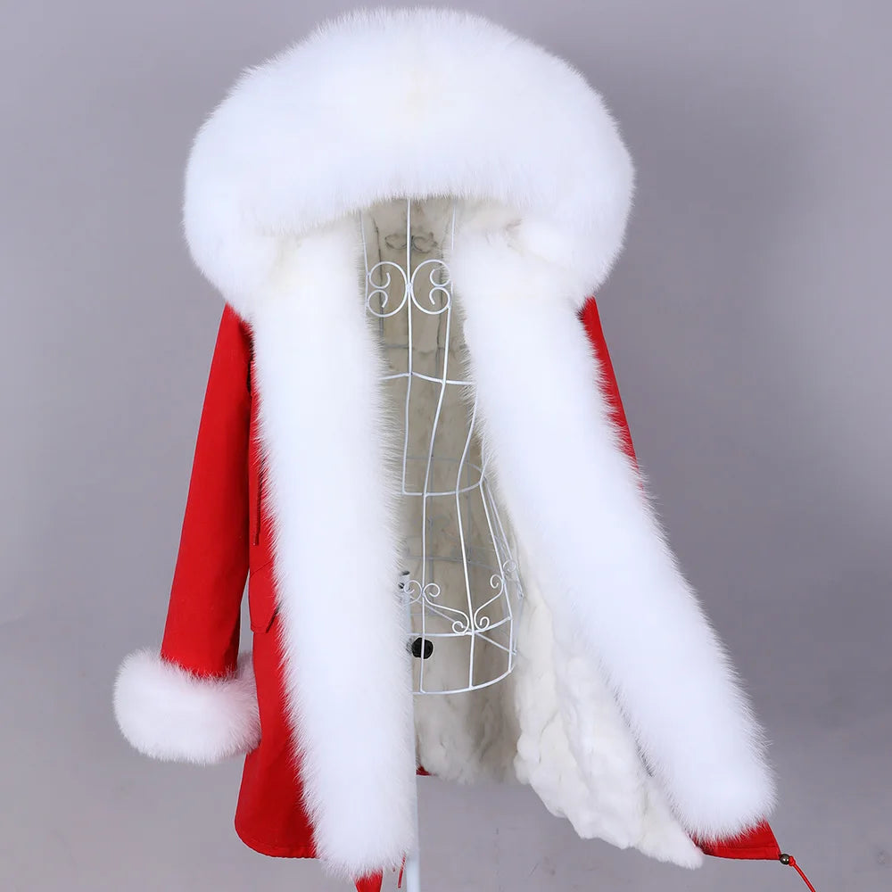 MAOMAOKONG 2026 Removable Real Fox Fur Collar Coats Woman Winter Jacket Hooded Rabbit Fur Lining Long Parkas Female Clothes
