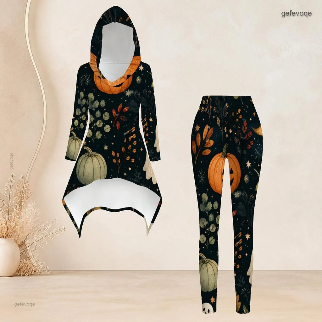 Fashion Women Casual 2 Piece Set Hooded Long Sleeve Hi Lo Asymmetrical Tunic Top Matching High Waist Slim Leggings T Daily Suit