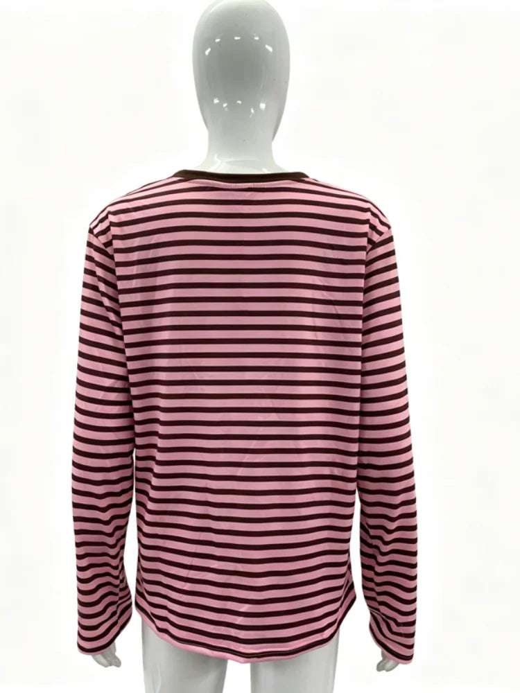 Women Letter Print Striped Long Sleeve T-shirt Crew Neck Loose Fit Pink Black Stripe Y2K Casual Streetwear Ladies Tops