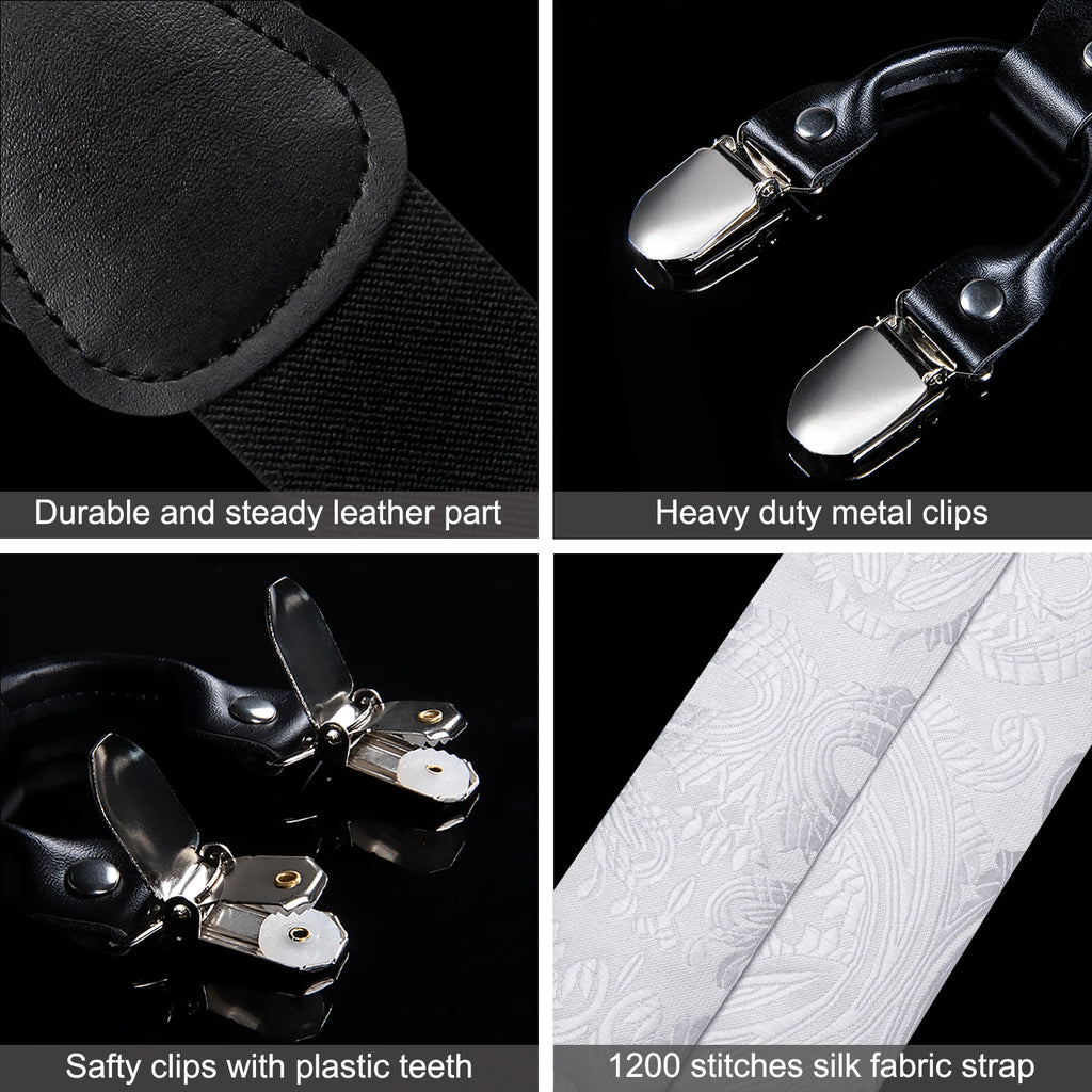 Luxury White Men's Suspenders Adjustable 6 Clips Braces DiBanGu Leather Metal Pre-Tied Bow Tie Brooch Pocket Square Set