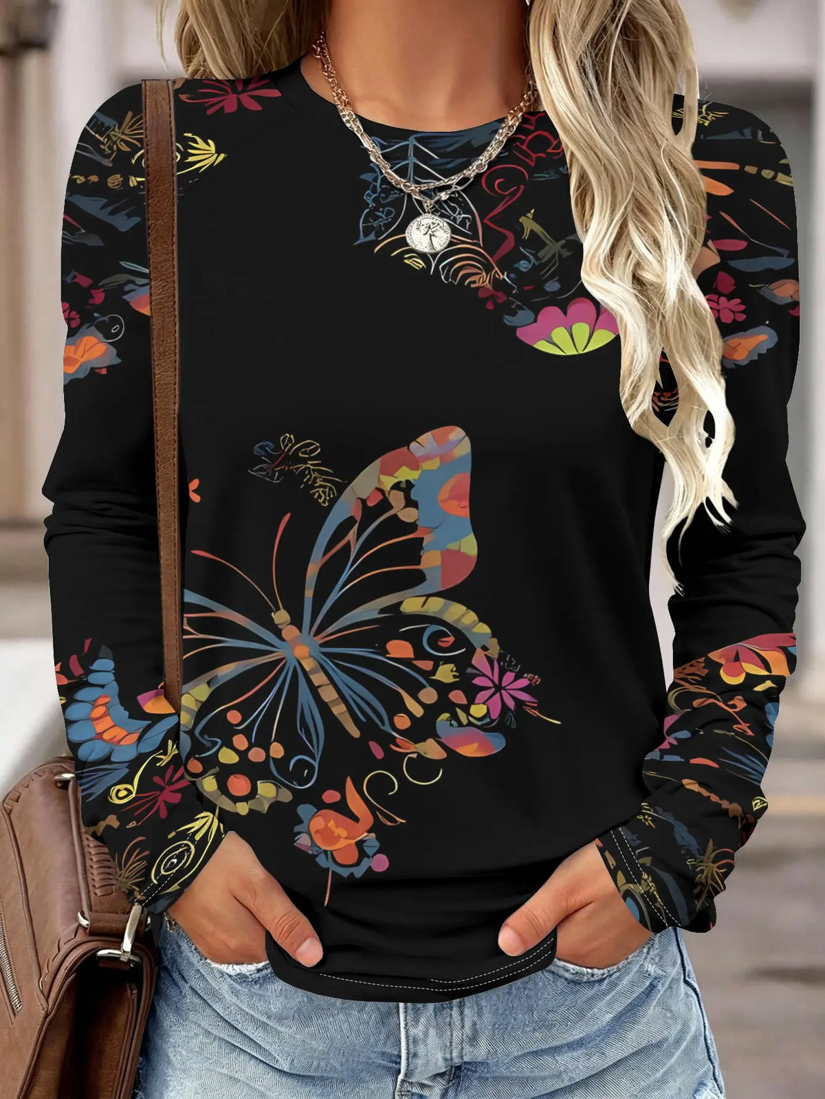 Women Long Sleeve Shirt Neon Rainbow Butterfly Heart Print Round Neck Raglan Casual Fall Tops Women's Clothes
