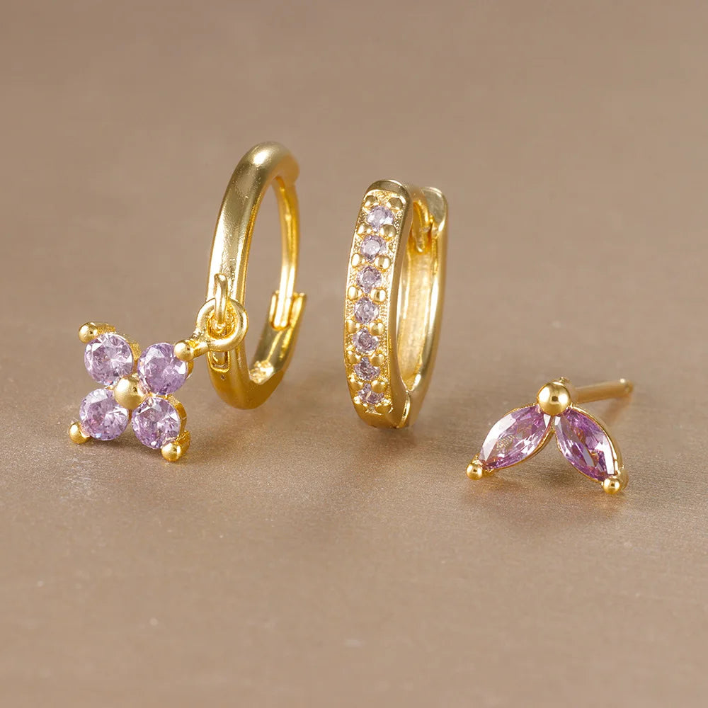 Pendientes de acero inoxidable con forma de flor y circonitas para mujer - Set de 3 piezas
