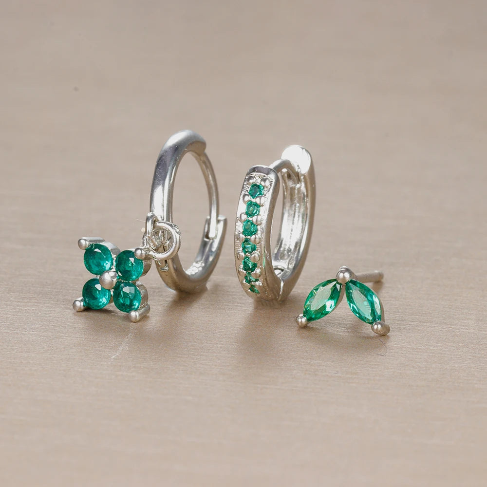 Pendientes de acero inoxidable con forma de flor y circonitas para mujer - Set de 3 piezas