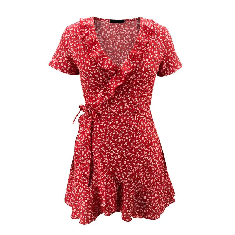 Summer Women’s Floal A-Line Dress Sweet Elegant Floral Ruffles V-Neck Bandage Short Dress for Lady Chic Flowers Mini Dress
