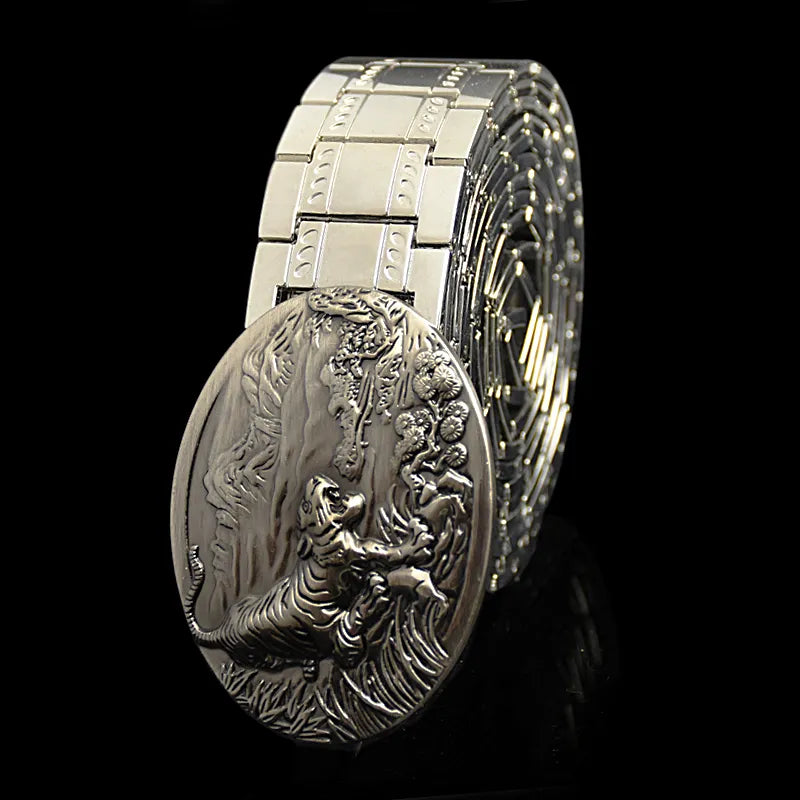Men's Belt Stainless Steel Belt Retro Dragon Metal Belt Gold Color Charm Belt Hip Hop Punk Strap Self-Defense Luxury Belt Male