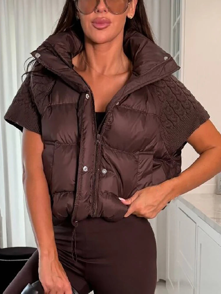 Women's Knitted Splicing Padded Sleeveless Vest with Stand Collar
