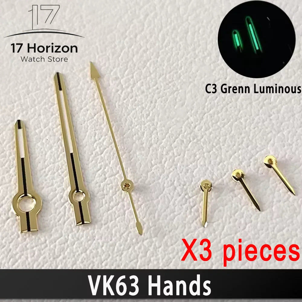 Agujas VK63 de alta calidad, manecillas de carreras para reloj VK63, manecillas de reloj con luminiscencia verde C3, piezas de relojes para hombre con movimiento de cuarzo VK63