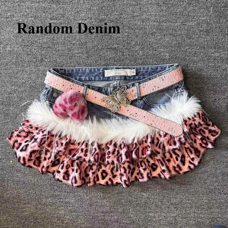 Leopard Patchwork Denim Mini Skirt High Rise Slim Fit for Women